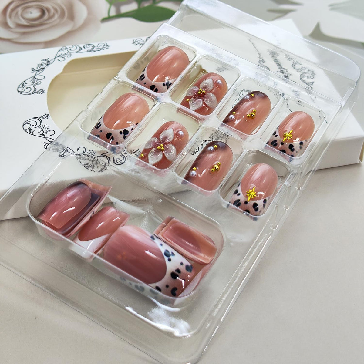 Press on Nails French Tip Fake Nails with Leopard Print 3D Flower Designs Gold Bead Star Medium Square Full Cover Stick on False Nail for Women 24 Pcs