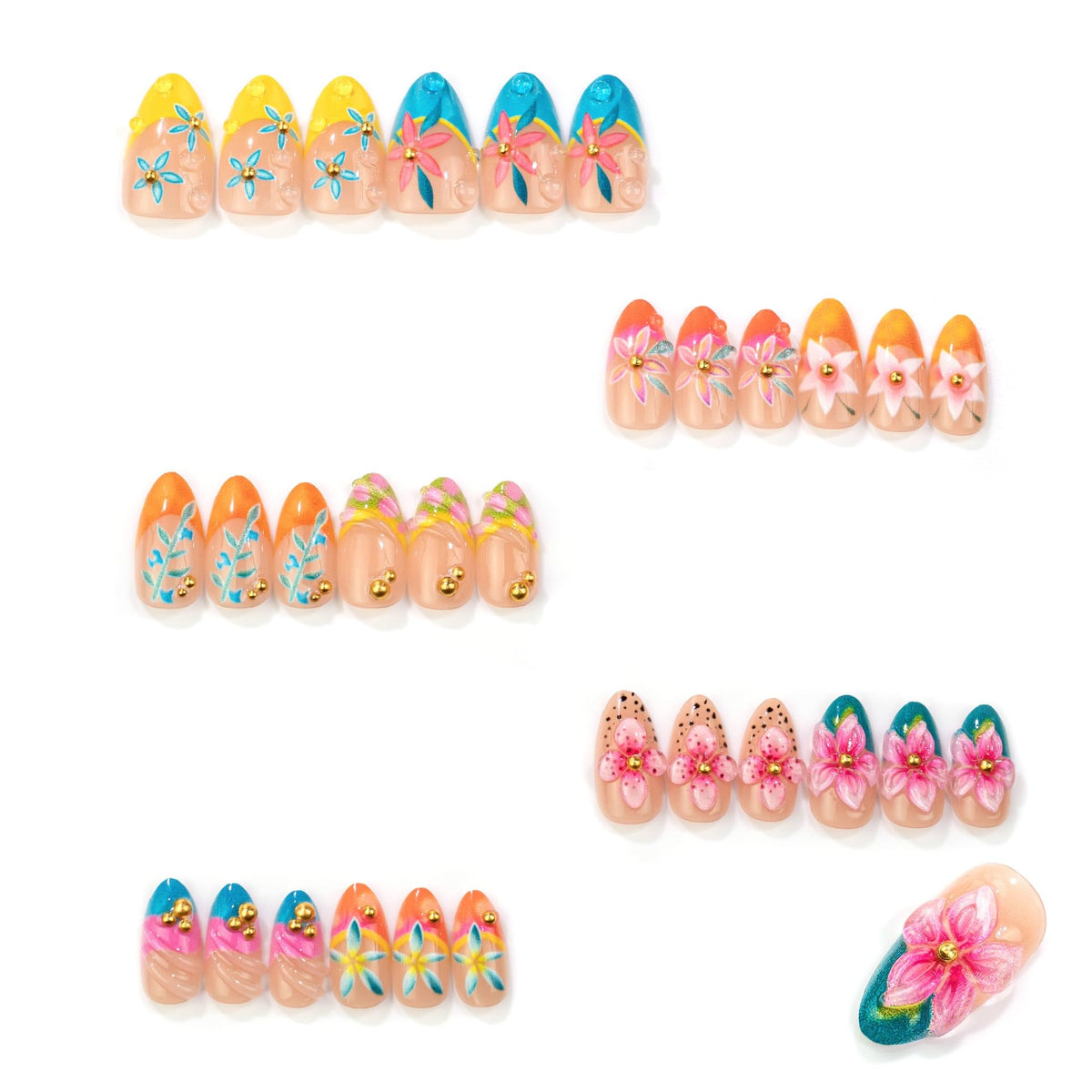 Long Press on Nails Almond Fake Nails Purple French Artificial Nail with 3D Flowers Designs Glitter Summer and Fall Cute Stick on Nail for Women 24pcs