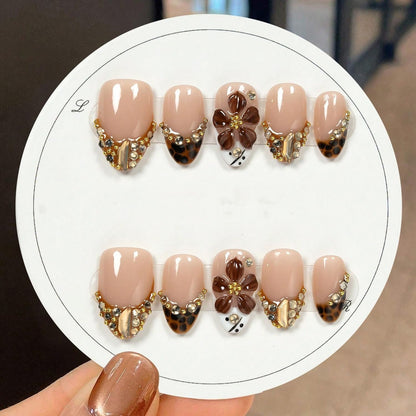 Handmade Press on Nails Short Almond Nude Polka Dot Glossy Reusable Fake Nails, Minimalist Beige Acrylic Press on Nails with White Dot Design for Women Girls 10 PCS(M)