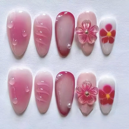 Fall Press on Nails Medium Almond French Tip, 30 Pcs Handmade 3D Flowers Gold Lines Embossed Designs, Glossy Nude Fake Nails, Reusable Glue On Nails, Full Cover Acrylic Nails for Women Brown