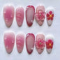 Fall Press on Nails Medium Almond French Tip, 30 Pcs Handmade 3D Flowers Gold Lines Embossed Designs, Glossy Nude Fake Nails, Reusable Glue On Nails, Full Cover Acrylic Nails for Women Brown