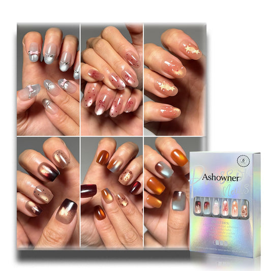 6 Packs (144 Pcs) | Reusable Press on Nails | 6-Style Bundle | 12 Sizes | Each Style 24 Pcs | Soft Neutral & Autumnal