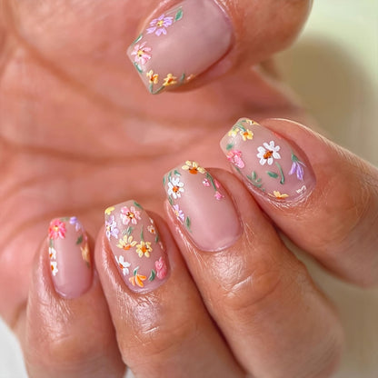 Purple Press On Nails Short Square Black Flowers Line Design Rhinestones