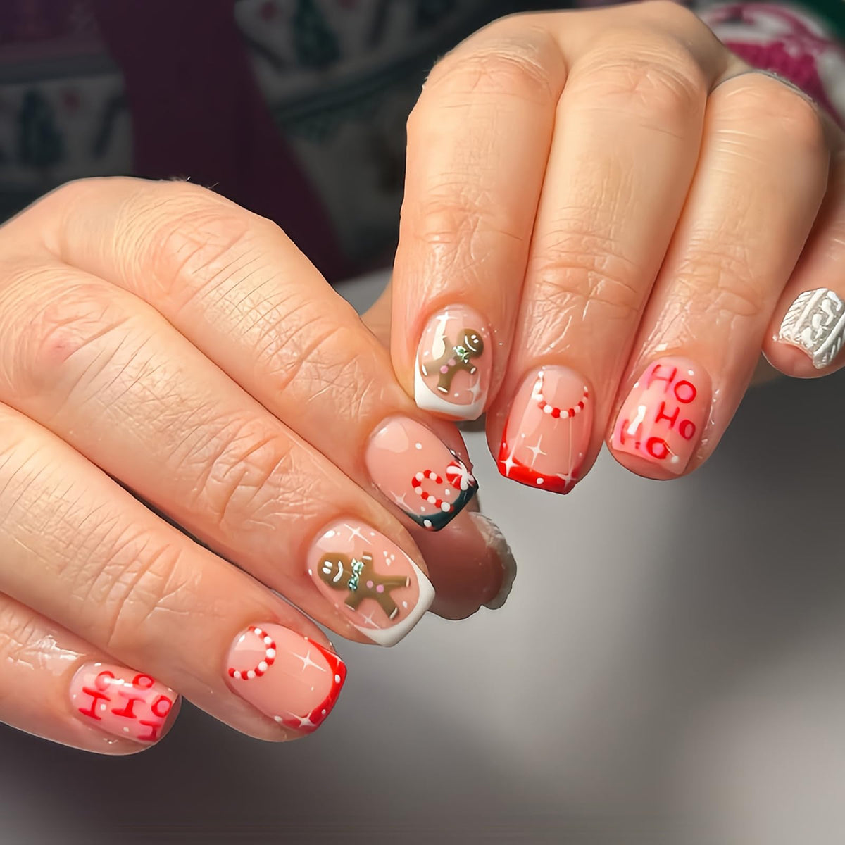 Purple Press On Nails Short Square Black Flowers Line Design Rhinestones