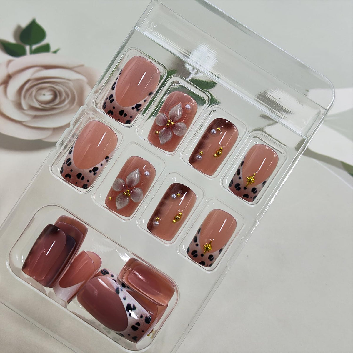 Press on Nails French Tip Fake Nails with Leopard Print 3D Flower Designs Gold Bead Star Medium Square Full Cover Stick on False Nail for Women 24 Pcs