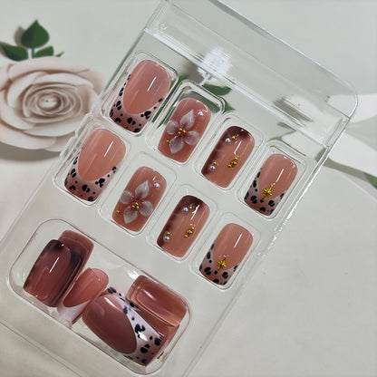 Press on Nails French Tip Fake Nails with Leopard Print 3D Flower Designs Gold Bead Star Medium Square Full Cover Stick on False Nail for Women 24 Pcs