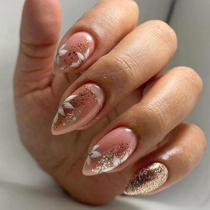 Short Press On Almond Fake Nails - Flower Acrylic Fall Nails Press Ons Full Cover Glue On Cute False Floral Stick On Nails for Women - 30 Pcs