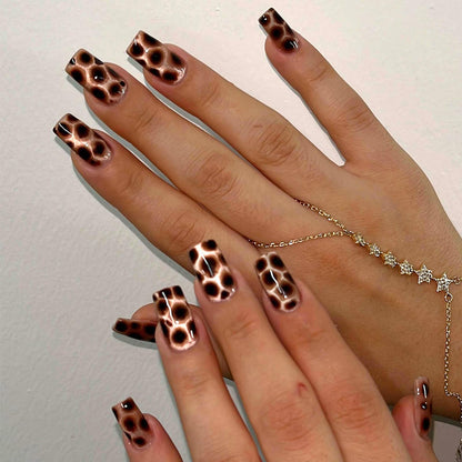 Leopard Press on Nails Medium Square Glossy Black Fake Nails