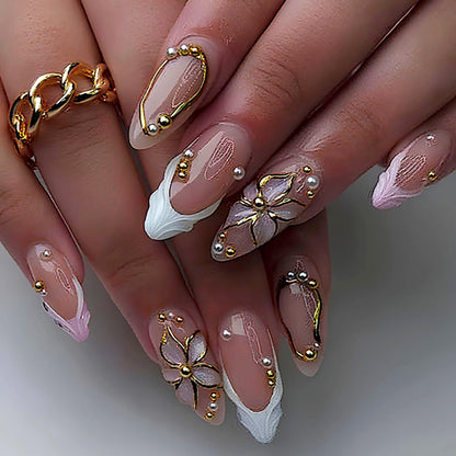 Spring Press On Nails French Fake Nails Medium Almond False Nails With Flower Pearl Designs Acrylic Nail Press Ons Full Cover Glue On Nails Glossy Stick On Nails For Women Manicure 24Pcs