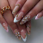 Spring Press On Nails French Fake Nails Medium Almond False Nails With Flower Pearl Designs Acrylic Nail Press Ons Full Cover Glue On Nails Glossy Stick On Nails For Women Manicure 24Pcs