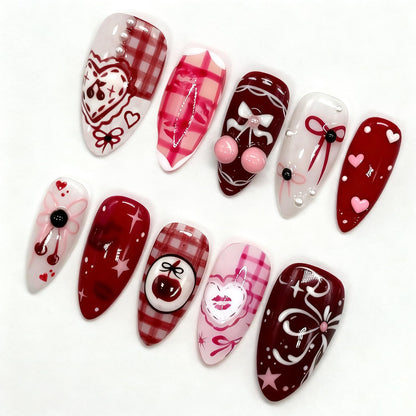 30Pcs Pink Press on Nails Medium Almond Fake Nails with 3D Flowers Pearl Designs Gold Flower False Nails Pink Gradient Acrylic Nail Tips Peach Blossoms Full Cover Stick on Nails for Women