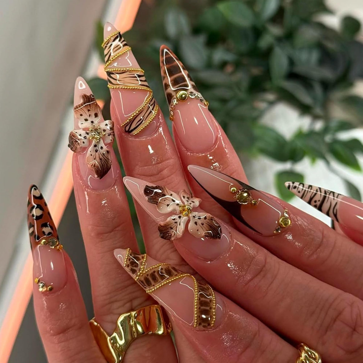 Long Press on Nails Almond Fake Nails Purple French Artificial Nail with 3D Flowers Designs Glitter Summer and Fall Cute Stick on Nail for Women 24pcs
