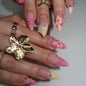 Fall Press on Nails Medium Almond French Tip, 30 Pcs Handmade 3D Flowers Gold Lines Embossed Designs, Glossy Nude Fake Nails, Reusable Glue On Nails, Full Cover Acrylic Nails for Women Brown