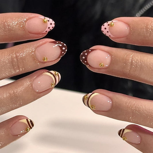 Short Oval Press On Nails,Cute French Tip Fake Nails with Striped & Polka Dots Designs, Reusable Gel False Nails Y2K Coffee Aesthetic Nail Kit for Women Girls Manicure 24Pcs