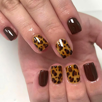 Leopard Press on Nails Medium Square Glossy Black Fake Nails