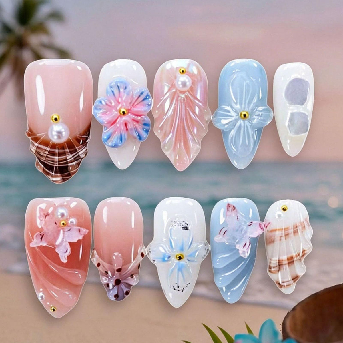 French Tip Press on Nails Almond Medium Fake Nails with Cat Eye Stars Designs Nails Press ons Gold Nude Glue on Nails Natural Artificial Nails Cute Stick on Nails for Women 24Pcs