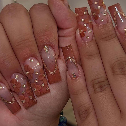 Hkanlre Gradient Press on Nails Medium Brown Fake Nails Tips Full Cover Square False Flower Nails for Women and Girls 24PCS