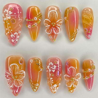 30Pcs Pink Flower Press on Nails Medium Almond Fake Nails Peach Blossom with 3D Rhinestones Pearl Gold Glitter Design Artificial Cute Cat Nails Stick on Nails Spring False Nails for Women Acrylic Nail