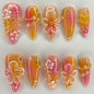30Pcs Pink Flower Press on Nails Medium Almond Fake Nails Peach Blossom with 3D Rhinestones Pearl Gold Glitter Design Artificial Cute Cat Nails Stick on Nails Spring False Nails for Women Acrylic Nail