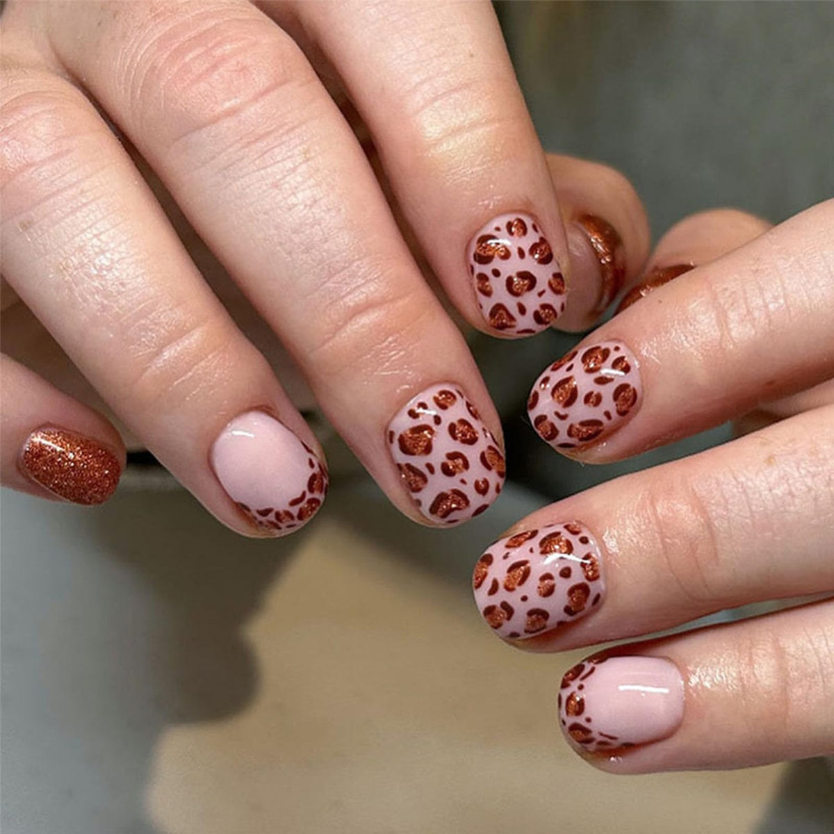 Leopard Press on Nails Medium Square Glossy Black Fake Nails