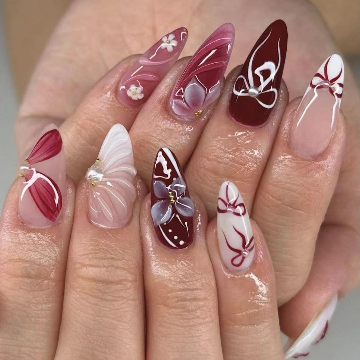 Fall Press on Nails Medium Almond French Tip, 30 Pcs Handmade 3D Flowers Gold Lines Embossed Designs, Glossy Nude Fake Nails, Reusable Glue On Nails, Full Cover Acrylic Nails for Women Brown