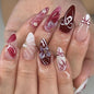 Fall Press on Nails Medium Almond French Tip, 30 Pcs Handmade 3D Flowers Gold Lines Embossed Designs, Glossy Nude Fake Nails, Reusable Glue On Nails, Full Cover Acrylic Nails for Women Brown
