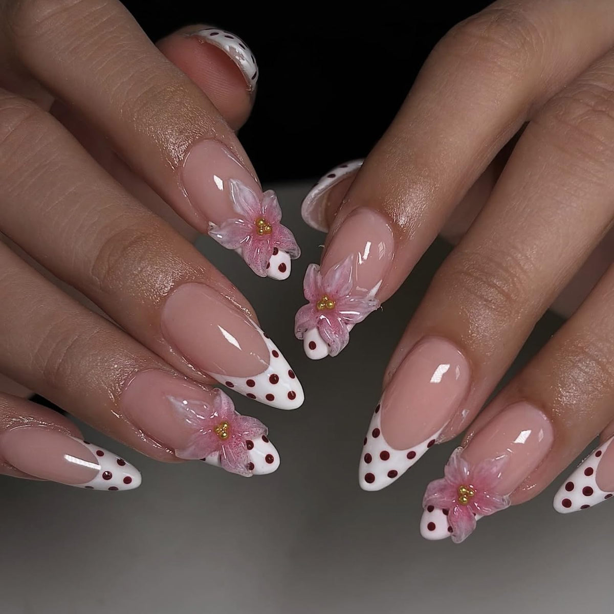 Fall Press on Nails Medium Almond French Tip, 30 Pcs Handmade 3D Flowers Gold Lines Embossed Designs, Glossy Nude Fake Nails, Reusable Glue On Nails, Full Cover Acrylic Nails for Women Brown