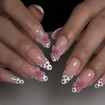 Fall Press on Nails Medium Almond French Tip, 30 Pcs Handmade 3D Flowers Gold Lines Embossed Designs, Glossy Nude Fake Nails, Reusable Glue On Nails, Full Cover Acrylic Nails for Women Brown