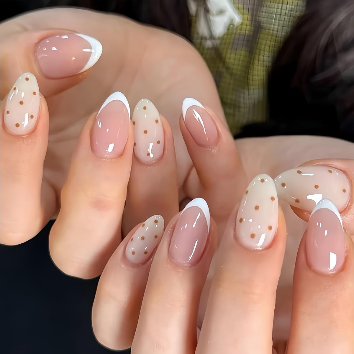 Fall Short Press On Nails Almond, Nude Fake Nails accented with golden glitter and Graceful White Floral Petal Design, Glossy Gel Finish Acrylic Nails, Natural Reusable Glue On Nails for Women