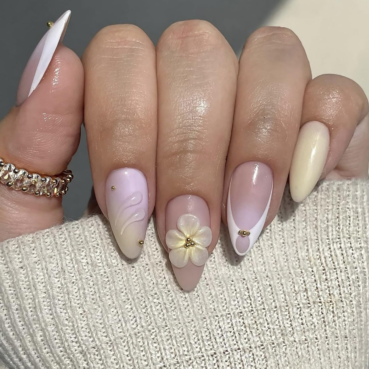 Spring Press On Nails French Fake Nails Medium Almond False Nails With Flower Pearl Designs Acrylic Nail Press Ons Full Cover Glue On Nails Glossy Stick On Nails For Women Manicure 24Pcs