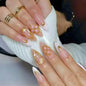 24Pcs Medium Almond Press on Nails French Tip Fake Nails with Brown Leopard Gold Line Design Glossy Reusable False Nail Artificial Acrylic Nails Press ons Holiday Stick on Nails for Women DIY Manicure