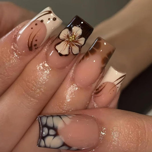 French Tip Press on Nails Medium Square Fake Nails Glossy Autumn Brown Leopard Print Coffin False Nails Cute White Flowers with Gold Bead Designs Reusable Floral Glue on Nails for Women 24Pcs