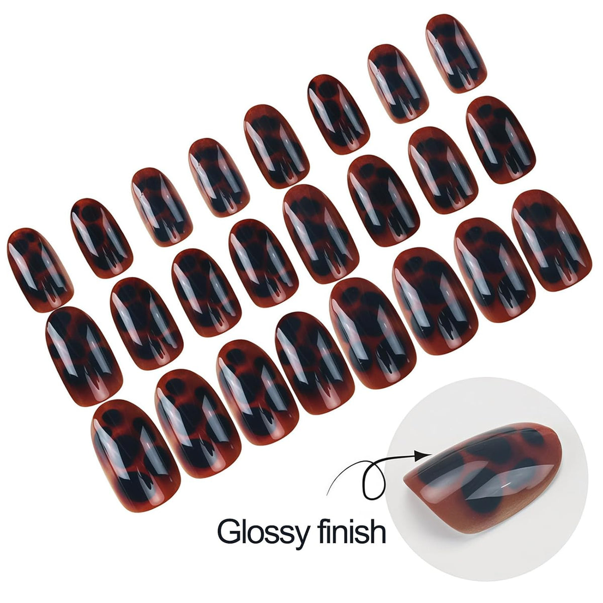 Dark Brown Tortoise Shell Press On Nails, Short Oval Fake Nails 24Pcs