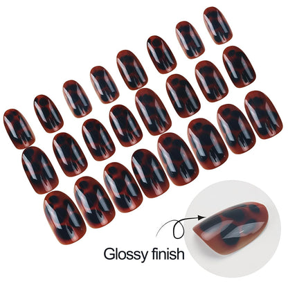 Dark Brown Tortoise Shell Press On Nails, Short Oval Fake Nails 24Pcs