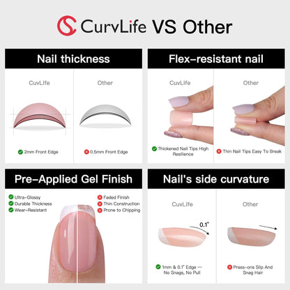 CurvLife Short Square Burgundy Press On Nails, Fall Dark red
