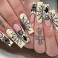 24Pcs Fall Press on Nails Short Square Fake Nails with Plaid Design Matte Khaki Artificial Nails Reusable Acrylic Nail Full Cover for Women and Girls Nail Decorations