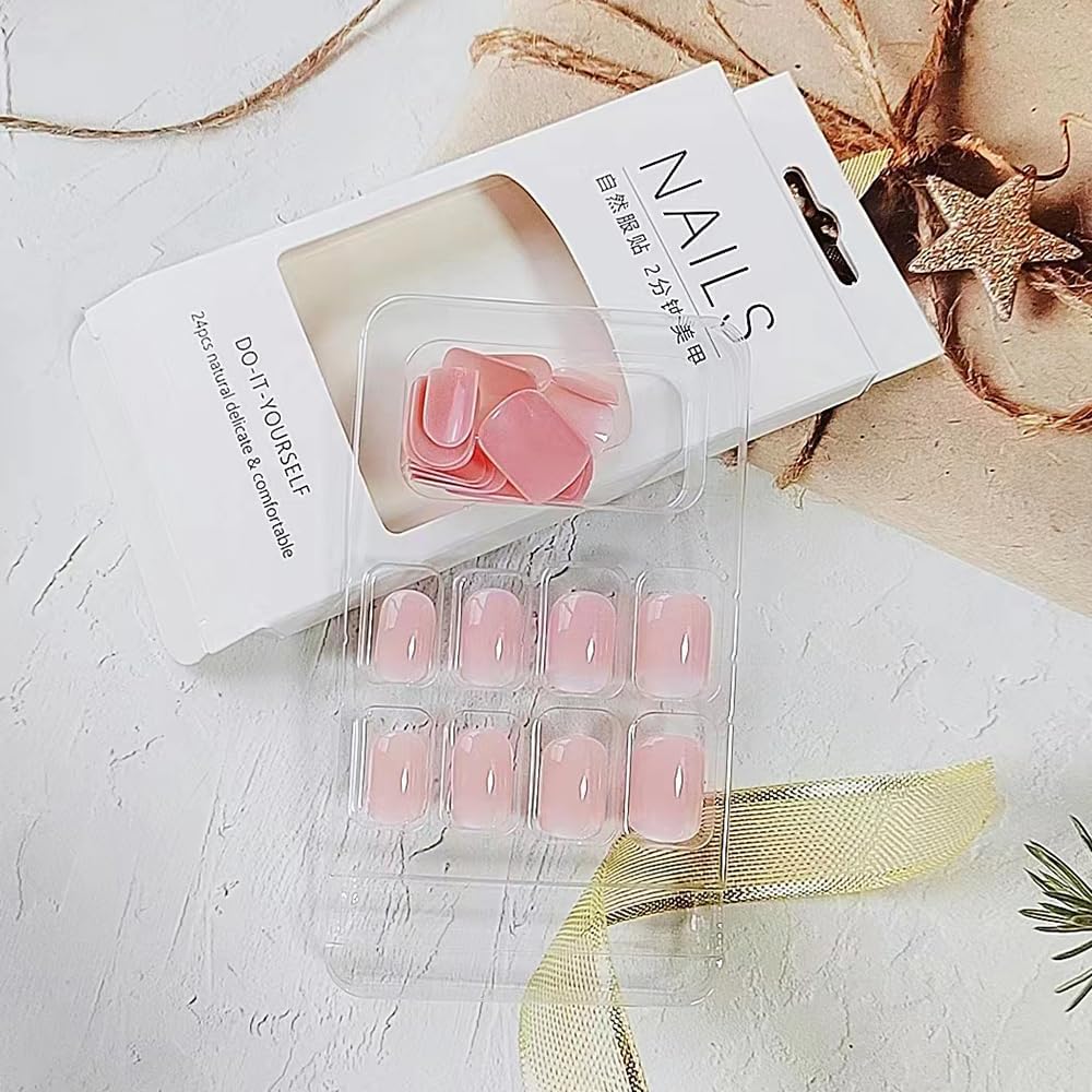 24 Pcs Nude Pink Press on Nails Short Square - YEFIUO Cute Fake Nails Press ons Glossy Nail Tips Full Cover False Nails with Ombre Designs Glue on Nails Kit Acrylic Set Festival Nail Art DIY for Women