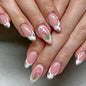 Spring Press On Nails French Fake Nails Medium Almond False Nails With Flower Pearl Designs Acrylic Nail Press Ons Full Cover Glue On Nails Glossy Stick On Nails For Women Manicure 24Pcs