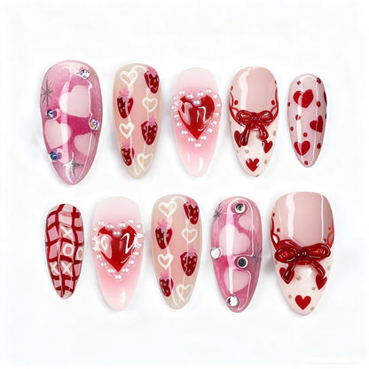 30Pcs Pink Press on Nails Medium Almond Fake Nails with 3D Flowers Pearl Designs Gold Flower False Nails Pink Gradient Acrylic Nail Tips Peach Blossoms Full Cover Stick on Nails for Women