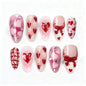 30Pcs Pink Press on Nails Medium Almond Fake Nails with 3D Flowers Pearl Designs Gold Flower False Nails Pink Gradient Acrylic Nail Tips Peach Blossoms Full Cover Stick on Nails for Women