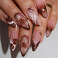 French Tip Press on Nails Medium Almond Fake Nails Brown Fall Nails Press Ons Brown Flower False Nails with Gold Rhinestones Design Glossy Glue on Nail Acrylic Stick on Nail for Women Set 24Pcs