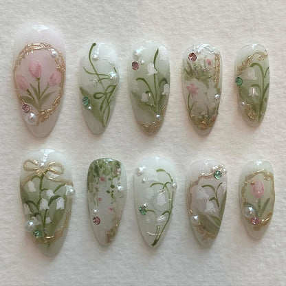 30Pcs Pink Flower Press on Nails Medium Almond Fake Nails Peach Blossom with 3D Rhinestones Pearl Gold Glitter Design Artificial Cute Cat Nails Stick on Nails Spring False Nails for Women Acrylic Nail