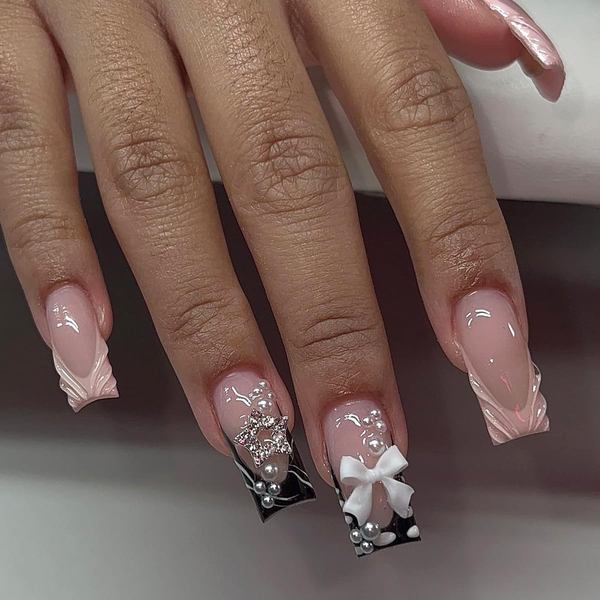 Long Square Press on Nails - Leopard Print French Tip Fake Nails Press ons with 3D Gold Pearl and Red Flower Designs, Glossy Reusable Autumn Winter Stick on False Nails for Women 24PCS