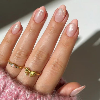 24PCS French Tip Press On Nails, Glossy Nude Square, Silver Edge