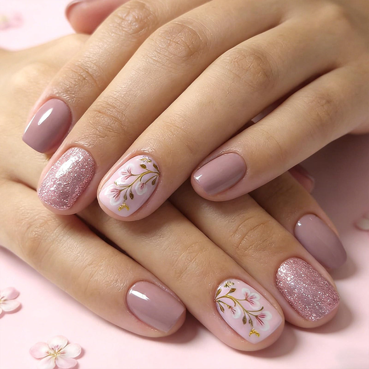 Purple Press On Nails Short Square Black Flowers Line Design Rhinestones