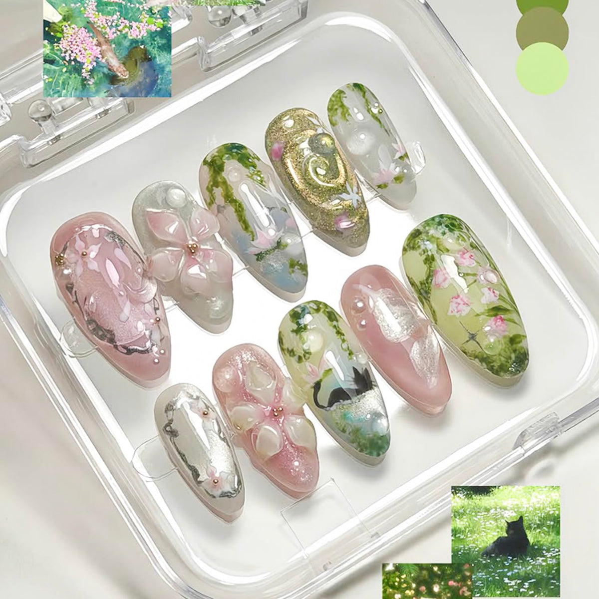 30Pcs Pink Flower Press on Nails Medium Almond Fake Nails Peach Blossom with 3D Rhinestones Pearl Gold Glitter Design Artificial Cute Cat Nails Stick on Nails Spring False Nails for Women Acrylic Nail
