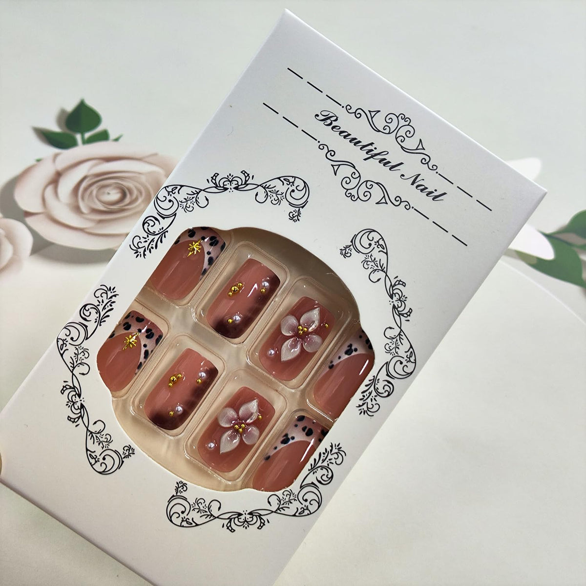 Press on Nails French Tip Fake Nails with Leopard Print 3D Flower Designs Gold Bead Star Medium Square Full Cover Stick on False Nail for Women 24 Pcs