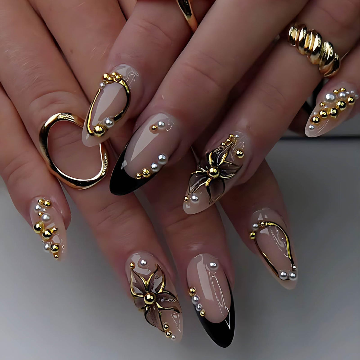 Almond Press On Nails Gold 3d Gold Glitter Ombre Design Date Night Nails For Women