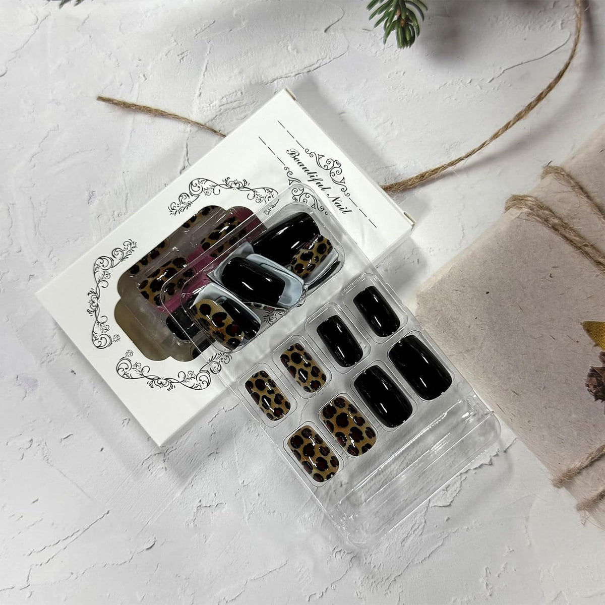 Leopard Press on Nails Medium Square Glossy Black Fake Nails
