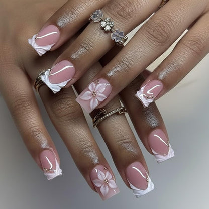 Press on Nails French Tip Fake Nails with Leopard Print 3D Flower Designs Gold Bead Star Medium Square Full Cover Stick on False Nail for Women 24 Pcs